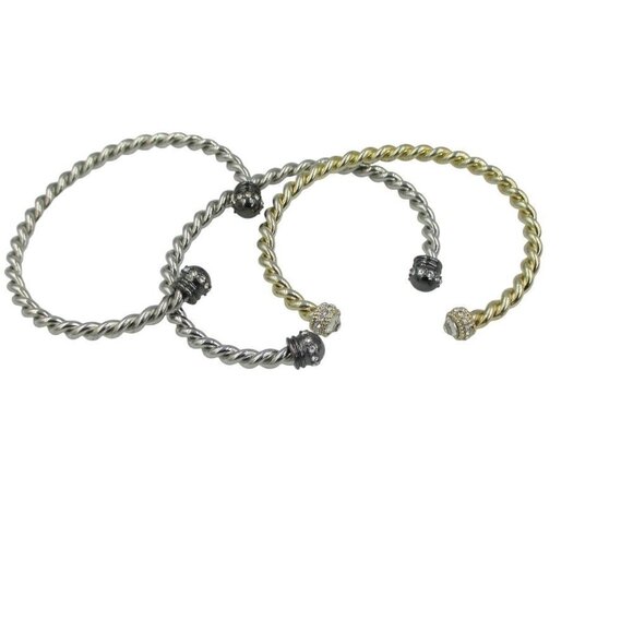 WHBM GOLDTONE SILVER TWISTED ROPE STONE CUFF BRACELET BANGLE Set of 3 - Picture 5 of 6